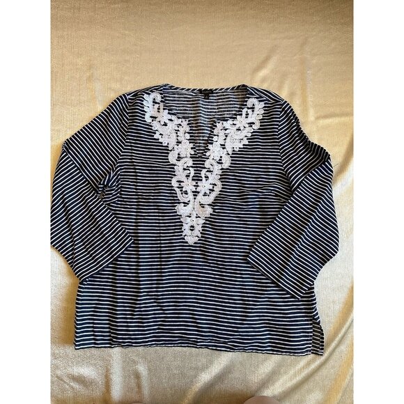 Talbots Beaded‎ Navy Stripe 100% Linen Tunic Top Embellished V Neck Sz Large - Picture 1 of 9